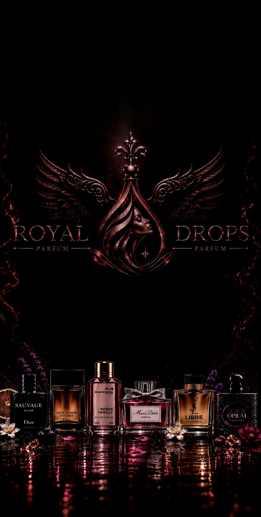 ROYAL DROPS parfyme-dekanter omgitt av eksklusive dufter